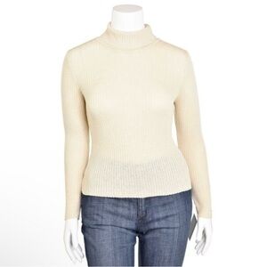 Eileen Fisher Women's Cream Ribbed Wool Turtleneck Sweater Size Medium Petite